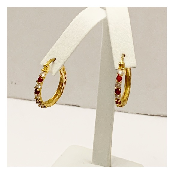 Gold tone hoop earrings with red and clear stones - Picture 5 of 11